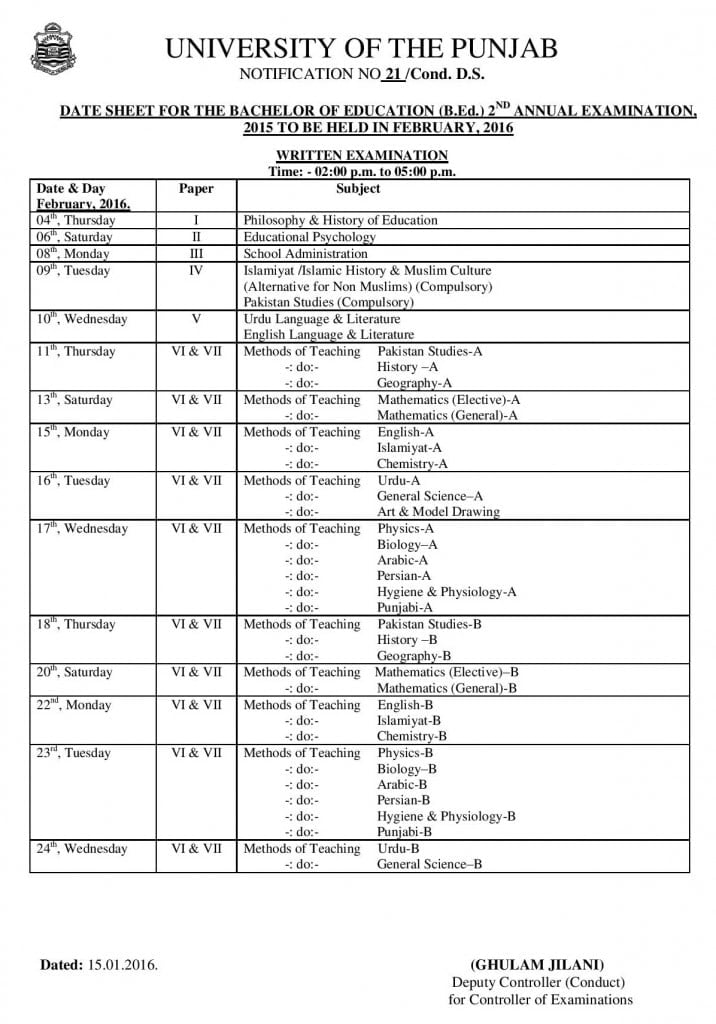 University of the Punjab BEd 2nd Annual Examination Date Sheet – Free ...