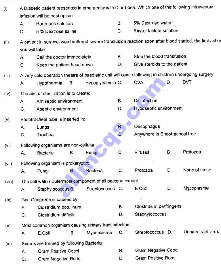 Operation Theater Techniques Mcqs Past Papers Notes