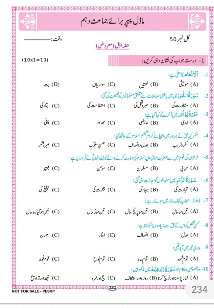 Class 10th Tarjuma Tul Quran Past Paper – Free Online MCQS Questions ...