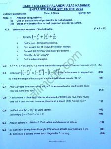 Cadet College Palandri 8th Class Entry Test Past Papers pdf