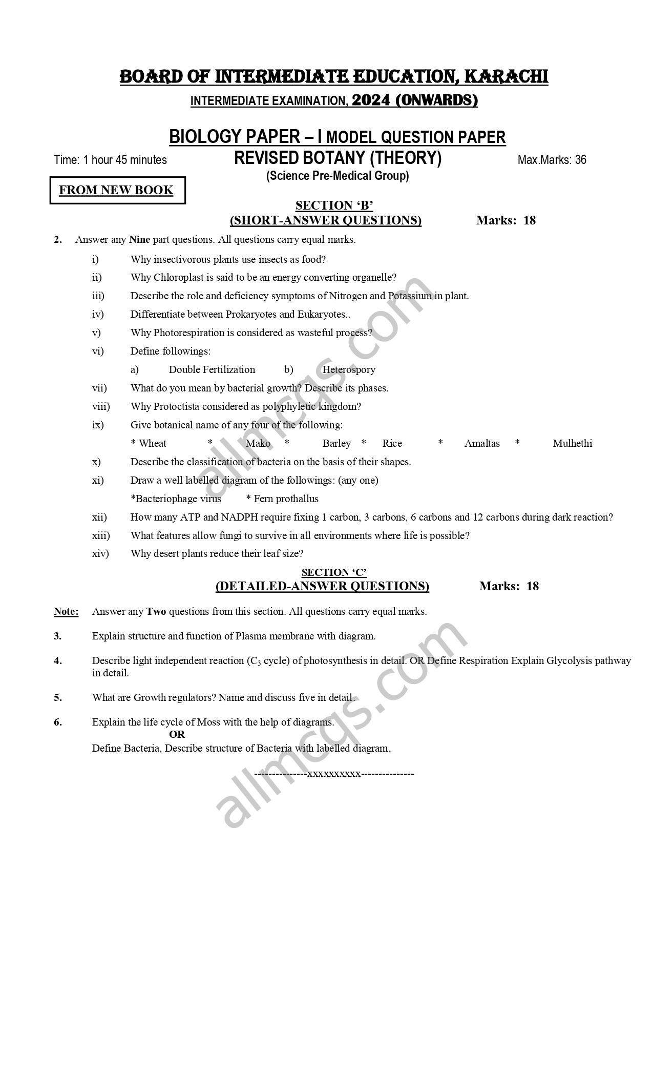 BIEK Model Papers 2024 1st Year 2nd Year Biology Botany Theory BIEK Model Papers 2024 1st Year 2nd Year Biology Botany Theory