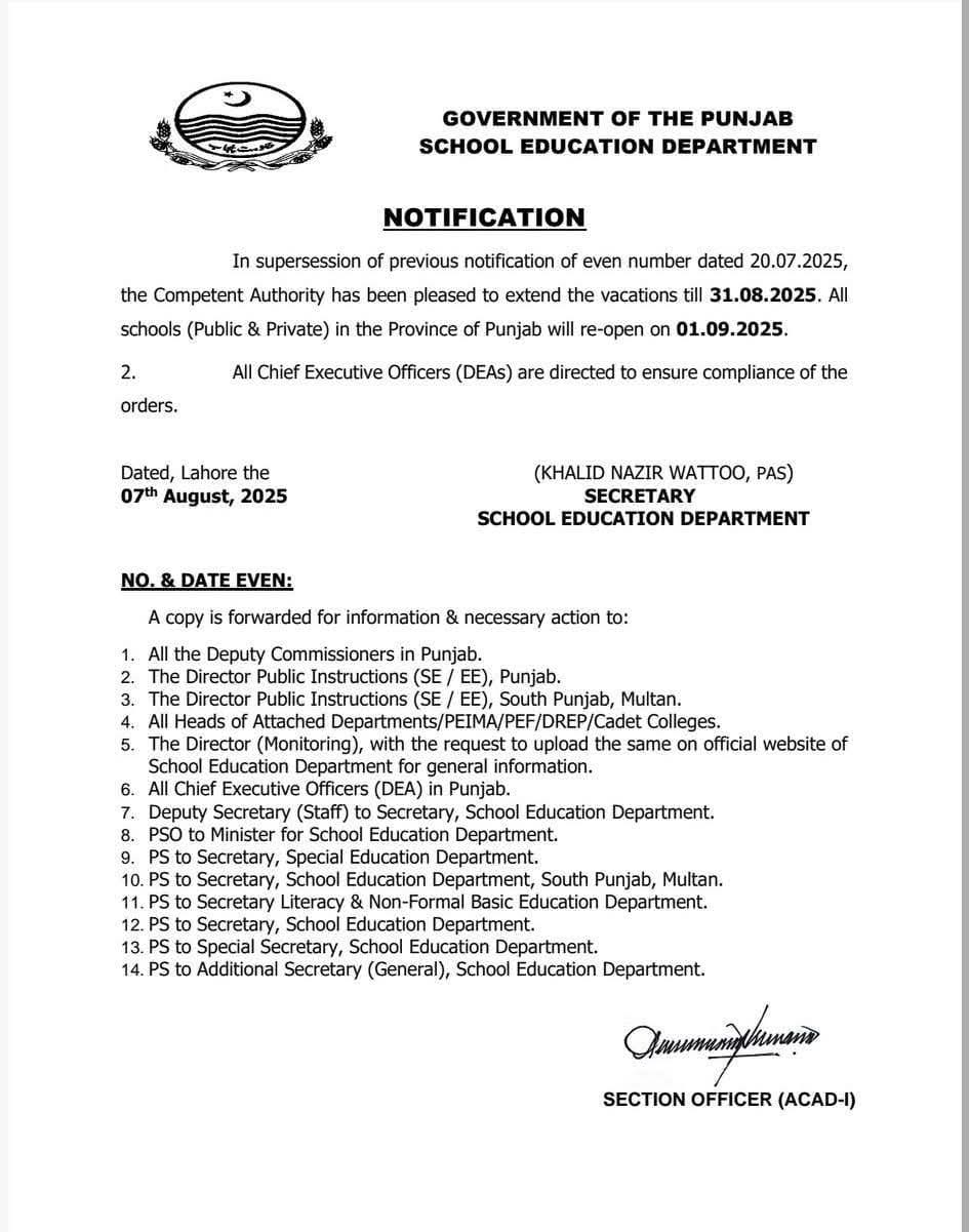 Schools Summer Vacations Punjab Extension Notification